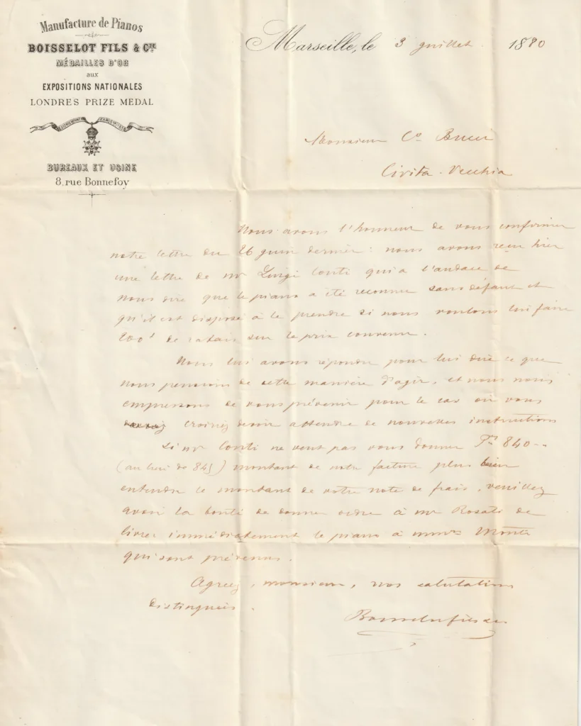 lettera boisselot fils mosieur bucci 1880